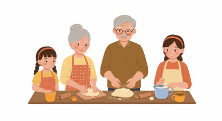 A loving multigenerational family, including grandparents and two young girls, joyfully baking together, kneading dough and preparing ingredients on a wooden countertop.