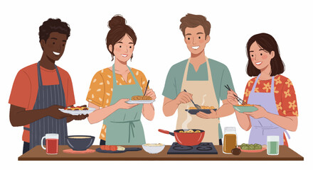 A diverse group of four friends, two men and two women, joyfully preparing and tasting a delicious meal together in a kitchen setting, surrounded by ingredie...