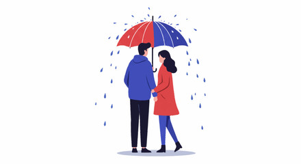 A couple stands closely together under a red and blue umbrella as raindrops fall around them, symbolizing shared protection and companionship during inclement weather.