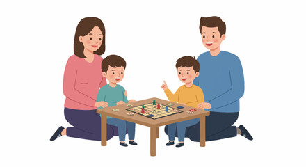 A happy family of four, parents and two young sons, are gathered around a small wooden table playing a colorful board game together.
