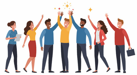 A diverse group of professionals celebrating success with high fives and smiles, showcasing teamwork and positive collaboration in a bright, modern setting.