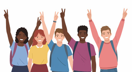 Diverse group of smiling young students raising victory signs in a display of unity and success.
