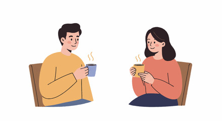 Two people, a man and woman, seated and holding mugs of hot beverage, smiling and enjoying a moment.