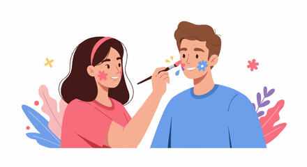 A smiling woman applies colorful face paint to a man's cheek with a brush, surrounded by decorative elements.