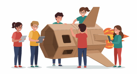 Children collaboratively building a large cardboard spaceship with enthusiasm, fostering creativity and teamwork.