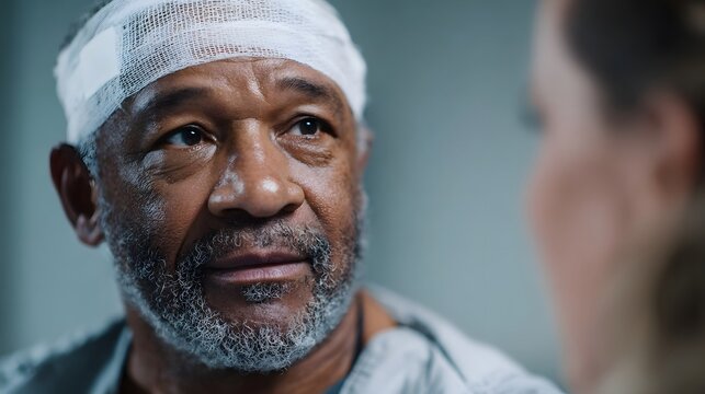 An elderly man with a bandage on his head looks thoughtfully towards someone in a medical setting