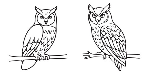 black and white silhouette outline owl art logo design set