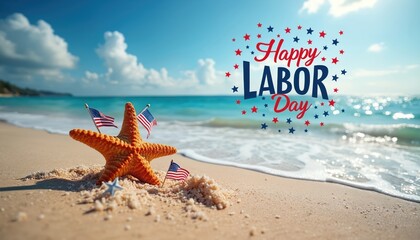 Orange starfish on sandy beach with two small American flags. Happy Labor Day sign with red and blue stars. Ocean waves, blue sky and white clouds in the background. Celebrate US holiday on seaside.