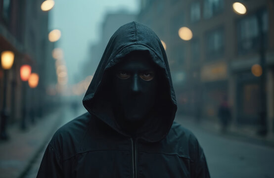 Mysterious person in dark hoodie and face mask stands on urban street. Anonymous figure hides identity in shadows. Portrait of a masked individual in city environment. - Powered by Adobe