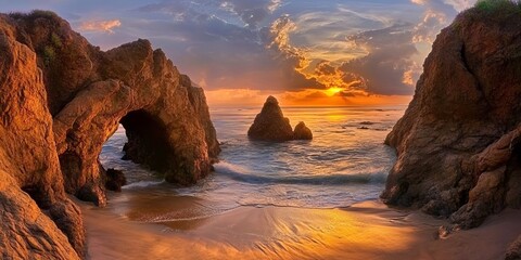 Breathtaking Coastal Sunset Over Ocean Waves, Dramatic Cliffs, and Serene Sandy Beach Retreat Vibes