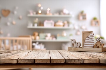 Wooden Table Top Mockup with Blurred Baby Room Background