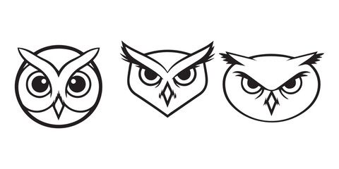 black and white silhouette outline owl art logo design set