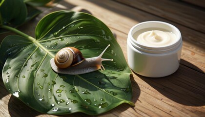 A giant Achatina snail crawls on a tropical leaf towards a jar of cream. The concept of cosmetology. New innovations
