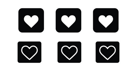 Heart icon set – stylized black square symbols with solid and outlined white hearts for love, preference, emotion, and UI design elements
