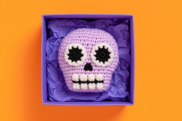 Top view of crochet D&iacute;a de los Muertos skull in purple box with crumpled paper on orange background