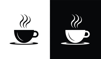 Coffee cup icon set – stylized black and white steaming mugs with contrast backgrounds for café branding, morning rituals, and cozy design