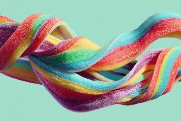 Floating sour candy belts rainbow colors twisting motion