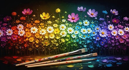 Vibrant Rainbow Garden Painting Brushes Creative Art