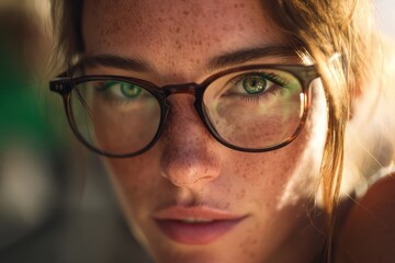 Fototapeta premium Freckled woman green eyes heavy-rimmed glasses sunlight