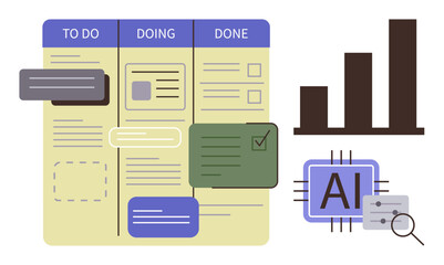 Task management board featuring To Do, Doing, Done columns, AI chip with settings, and bar chart. Ideal for productivity, automation, data analysis, teamwork AI workflow optimization project © robu_s