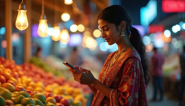 Indian woman in traditional dress pays on smartphone at busy market stall with fresh fruits. She uses mobile tech for seamless cashless purchase, blending old and new.
