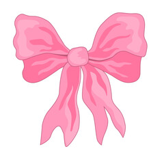 Cute hand drawn pink bow illustration. Delicate, feminine ribbon art for girl headdress, gifts, decoration, and celebration designs. Vector isolated clipart.