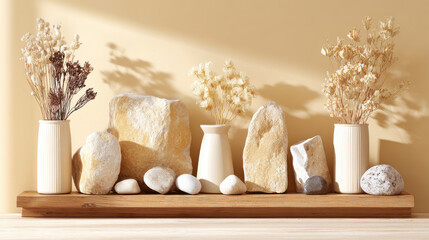 Elegant still life featuring vases with dried flowers, stones on a wooden shelf, creating a peaceful atmosphere.