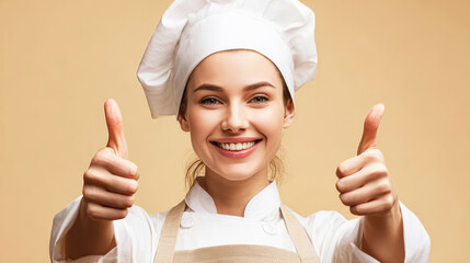 Empowered female chef celebrates culinary creativity with thumbs up in a professional kitchen environment