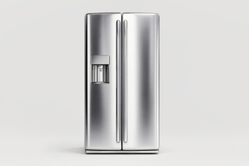 Elegant stainless steel refrigerator in minimalist style on a clean white background with striking shadows