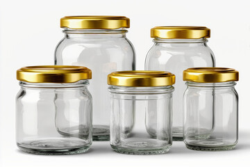 Glass jars with golden lids in various shapes, perfect for food storage and packaging design