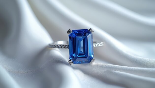 Jewelry photo of an elegant sapphire ring. Precious blue gemstone ring sits on white silk fabric. Stylish design for fashion. Luxury engagement ring.