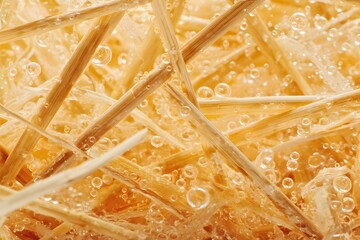 The image is of a bunch of wooden sticks with bubbles in between them. The bubbles are scattered all over the sticks, creating a unique and interesting texture. Scene is playful and whimsical