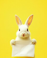 Obraz premium Adorable White Rabbit Holding Blank Sign
