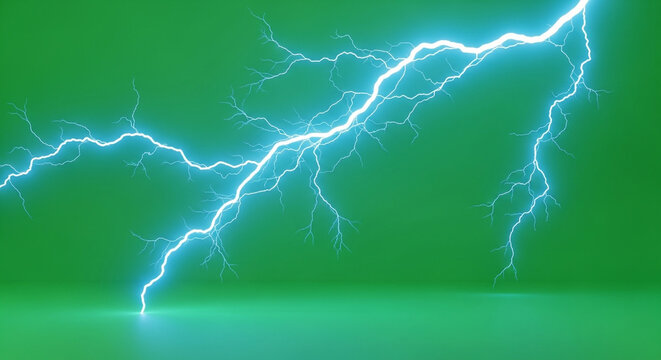 Powerful electric lightning strikes across a vibrant green background, symbolizing energy and sudden impact