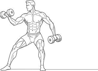 Fitness illustration, dumbbell exercise, muscular anatomy, strength training, bodybuilding art, workout drawing, bicep curl, gym posture, black and white,