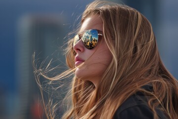 Girl with Mirrored Sunglasses Reflecting City Skyline