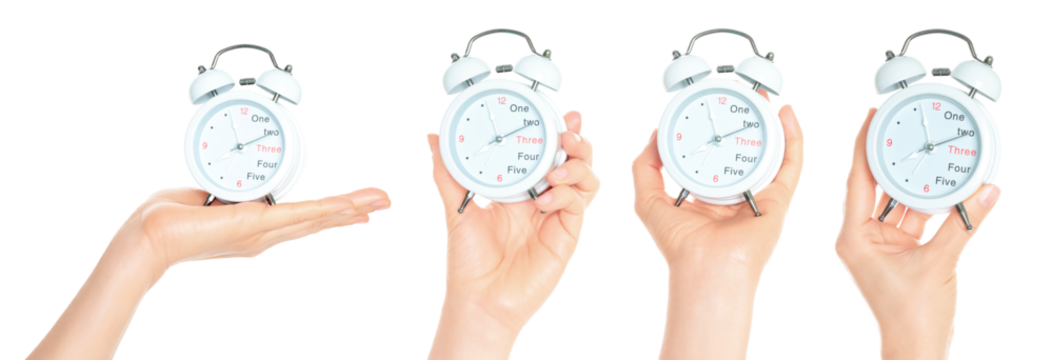 Set of human hands holding white alarm clock isolated on transparent background