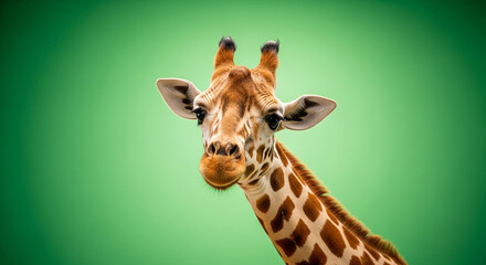 Curious giraffe peeking out with gentle eyes against a vibrant green backdrop, perfect for nature and wildlife themes