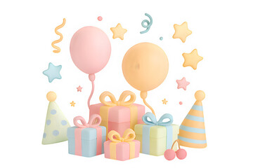 Festive birthday celebration with pastel gifts balloons and party hats isolated on transparent background