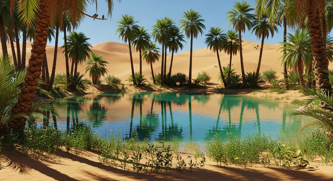 Idyllic oasis with palm trees reflecting in a tranquil pond, creating a serene and lush landscape amidst the arid desert dunes on a sunny day