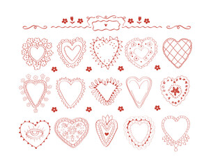 Love set of hand drawn doodle hearts and frames. Valentines day design elements.