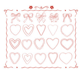 Set of hand drawn hearts, ribbons and bows. Romantic illustrations.