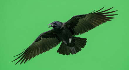 Obraz premium Majestic black crow soars with wings spread wide against a vibrant green backdrop showcasing natural flight dynamics and avian grace