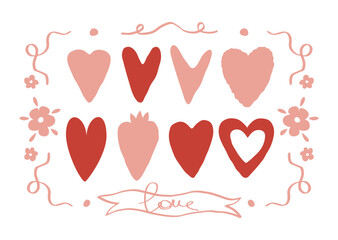 Love set of hand drawn hearts, flowers and ribbons. Valentines day.