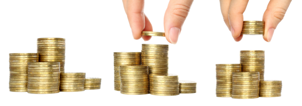 Set of human hands stacking coins isolated on transparent background.