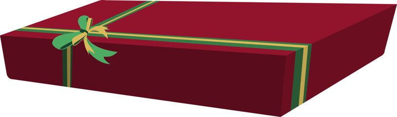 Elegant, isolated  illustration of a wide dark red holiday gift box wrapped with a contrasting green and gold ribbons, perfect for seasonal website banners or promotions.