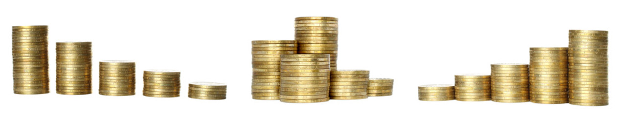 Set of coin stacks isolated on transparent background