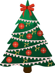 Elegant, layered vector illustration of a fully decorated Christmas tree adorned with red snowflake ornaments, gold bows, and a pink garland, isolated clip art for festive holiday designs.
