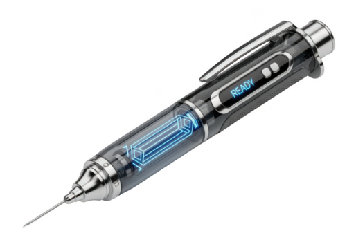 Futuristic medical syringe pen blending advanced technology and medical innovation
