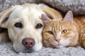 Dog and a cat are laying on a blanket together. The dog is looking at the camera while the cat is looking away. The scene is peaceful and comforting